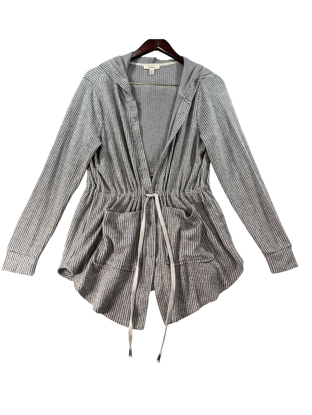 Peyton Primrose Gray Waffle Knit Hooded Cardigan Size M Drawstring Open Front